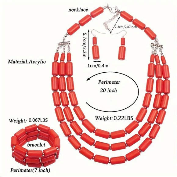 Red 3 Piece Multi Layered Necklace Set - Picture 6 of 7